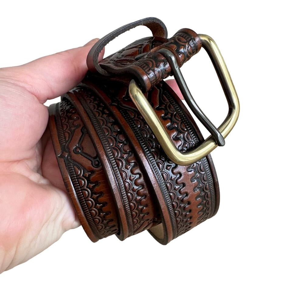 Vintage USA Made Genuine Leather Brown Tooled Belt 44